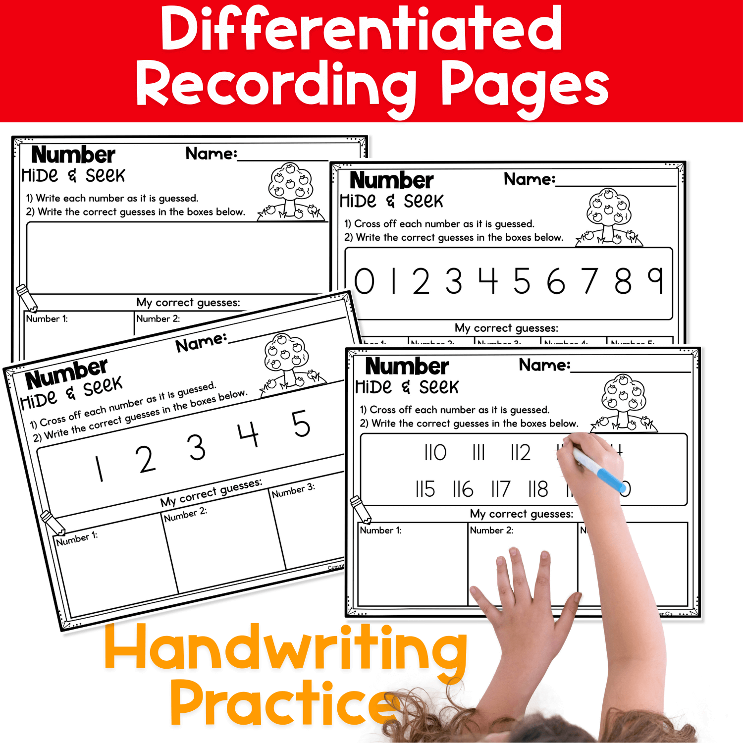 Differentiated Numbers Hide & Seek recording pages showing multiple printable worksheets for number recognition, counting, and handwriting practice. Students write and record guessed numbers as they play the apple tree themed numbers hide and seek game.