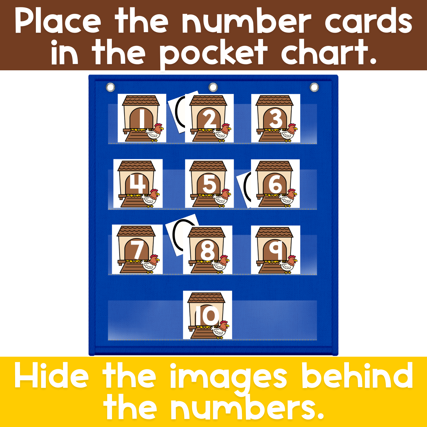 Farm chicken Numbers Hide & Seek pocket chart setup with number cards 1–10 placed in a classroom pocket chart. Teachers hide picture cards behind the number cards for a hands-on number recognition and guessing game.