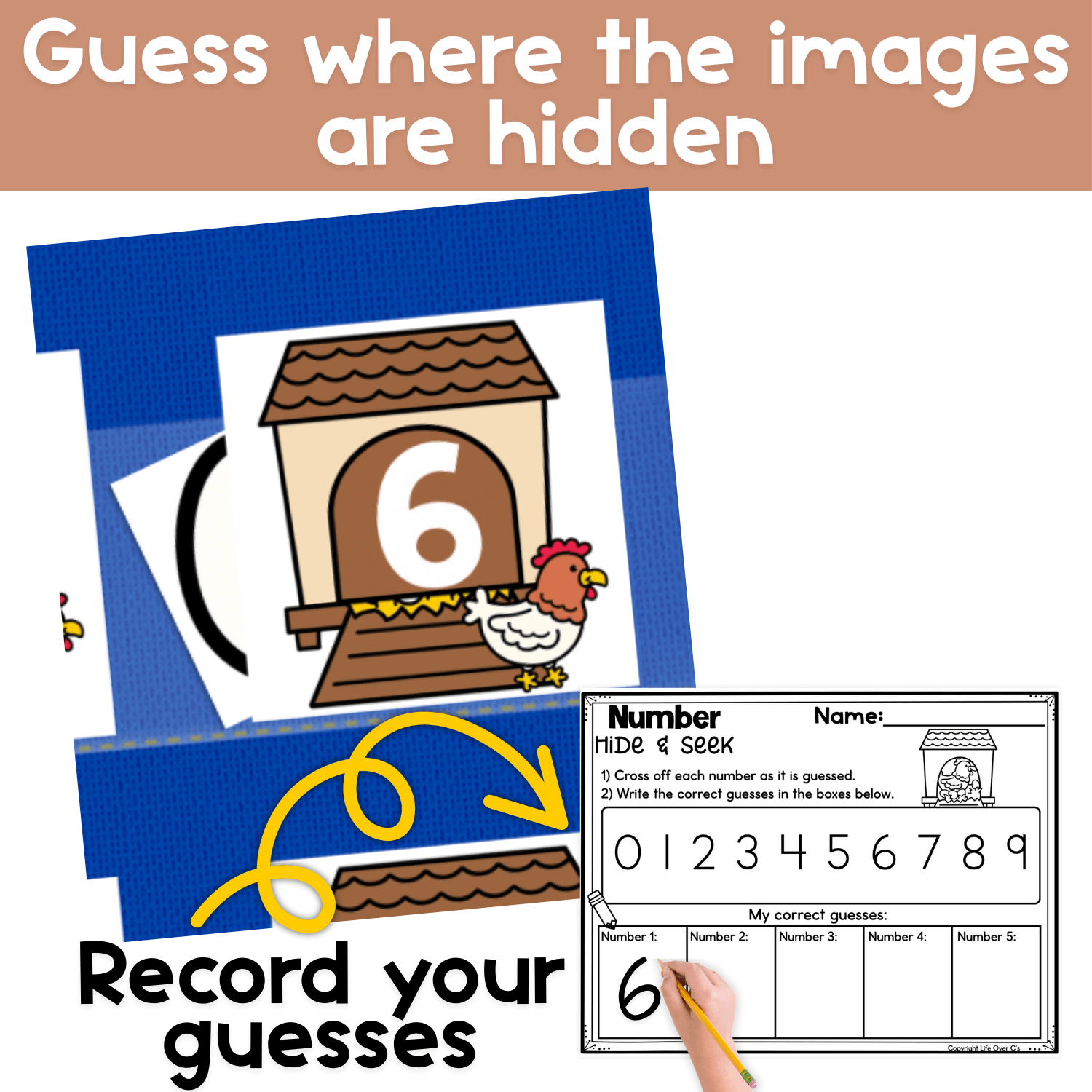 Close-up of a Numbers Hide & Seek farm theme math activity showing number cards covering hidden images in a pocket chart. Students guess where the picture is hidden while practicing number identification and counting skills.
