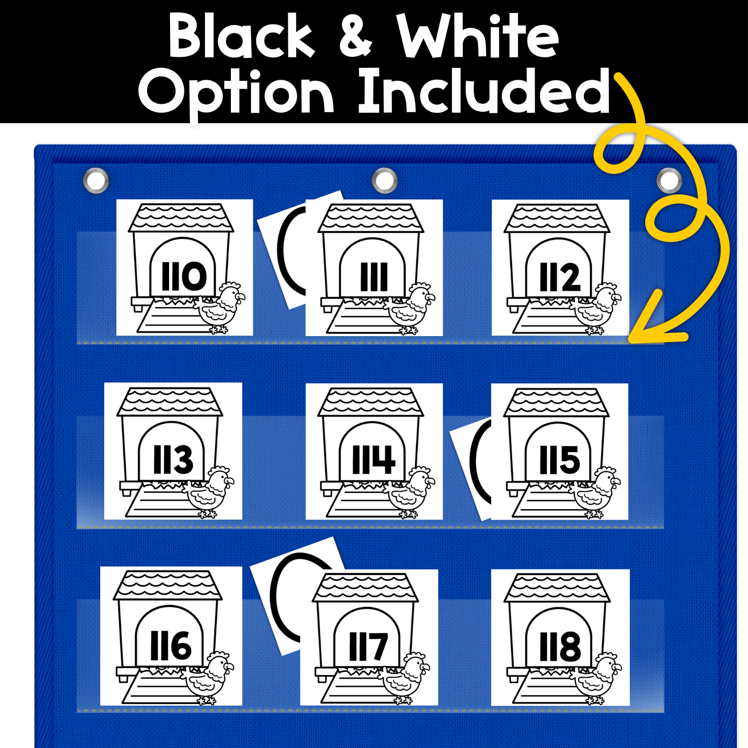 Black and white Numbers Hide & Seek pocket chart game with farm chicken themed number cards. This low-ink printable option supports number recognition, math centers, and easy classroom prep.