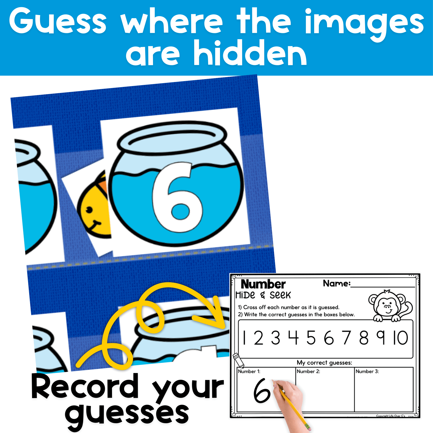 Close-up view of fishbowl number cards in a pocket chart with a hidden fish picture card partially visible, demonstrating how students guess where images are hidden during a numbers hide and seek math game.