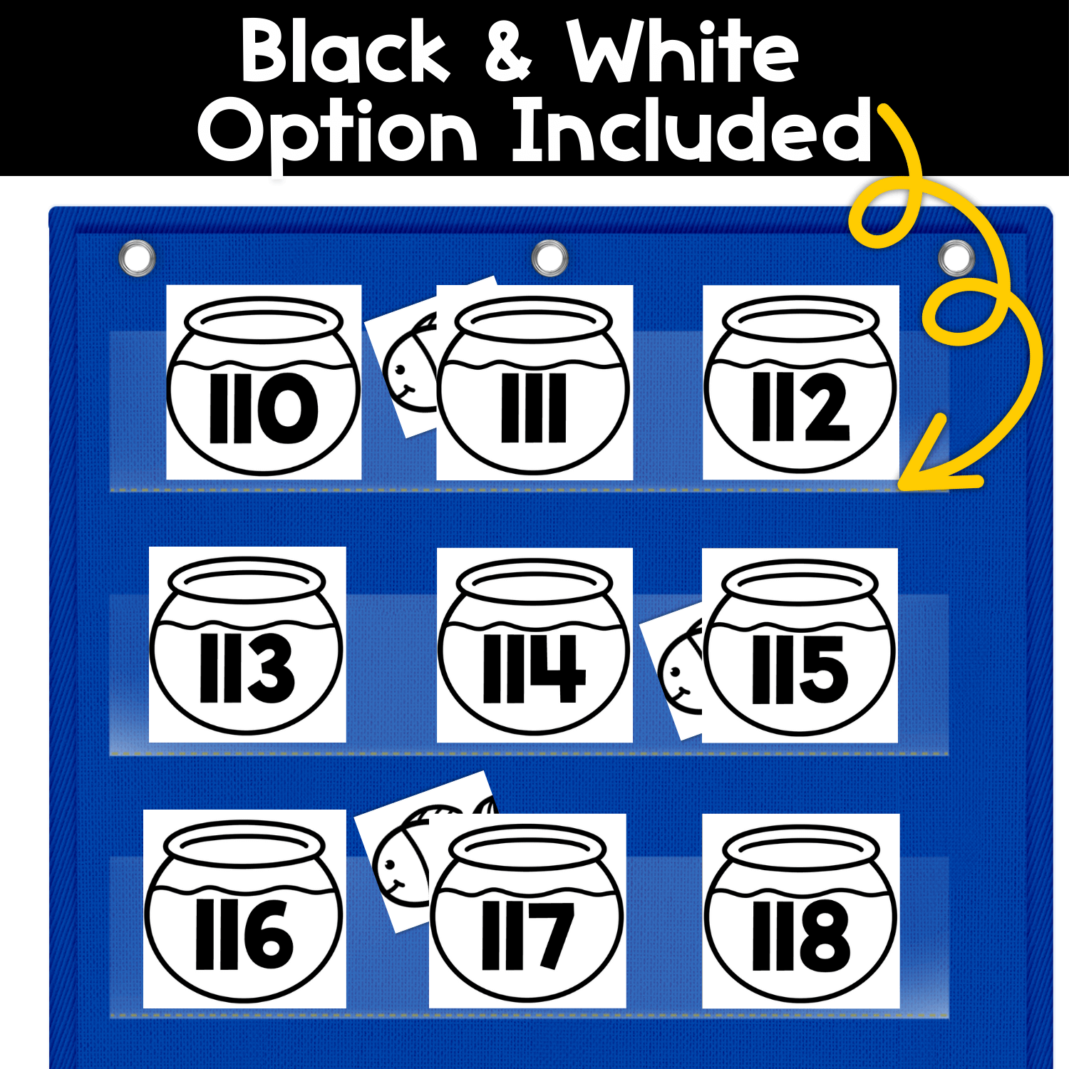 Black and white version of the fishbowl numbers hide and seek pocket chart game showing number cards 110–118, designed for low-ink printing and differentiated number recognition activities up to 120.