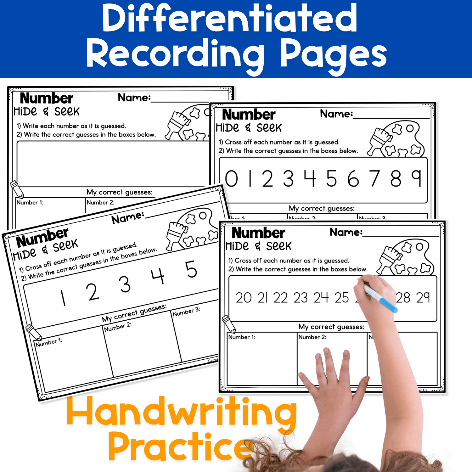 Differentiated numbers hide and seek recording pages with fishbowl theme graphics, showing number tracing, number writing, and number identification practice for numbers 0–120, supporting handwriting and math skills.