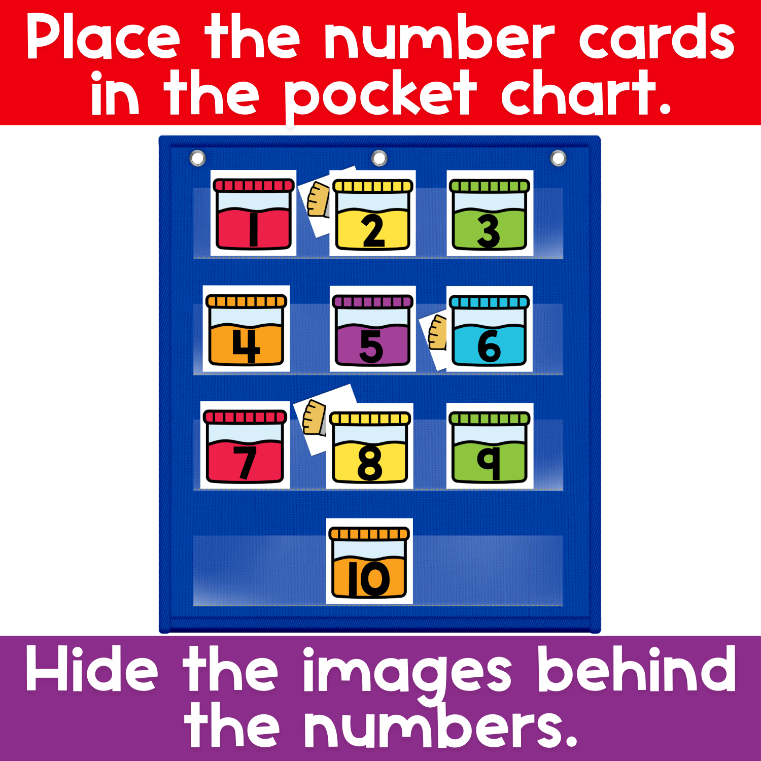 Numbers Hide and Seek activity featuring bright paint jar number cards placed in a pocket chart, labeled 1–10, with paintbrush cards hidden behind the numbers to encourage counting, guessing, and number identification.