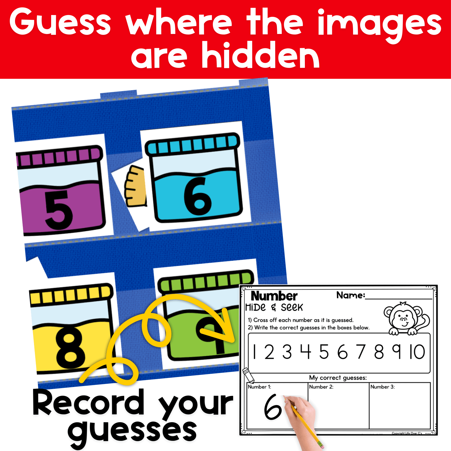 Close-up view of a Numbers Hide and Seek paint-themed pocket chart game where students guess which paintbrush image is hidden behind numbered paint jars, paired with a printable recording sheet for handwriting and number writing practice.