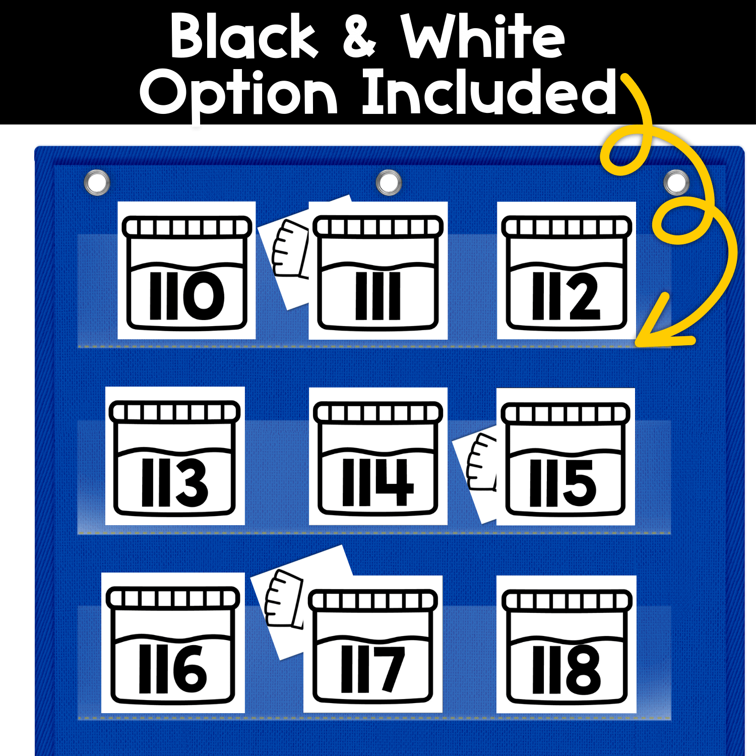 Black and white version of the Numbers Hide and Seek paint theme pocket chart game showing numbered paint jar cards 10–18, designed for low-ink printing and flexible math center use.
