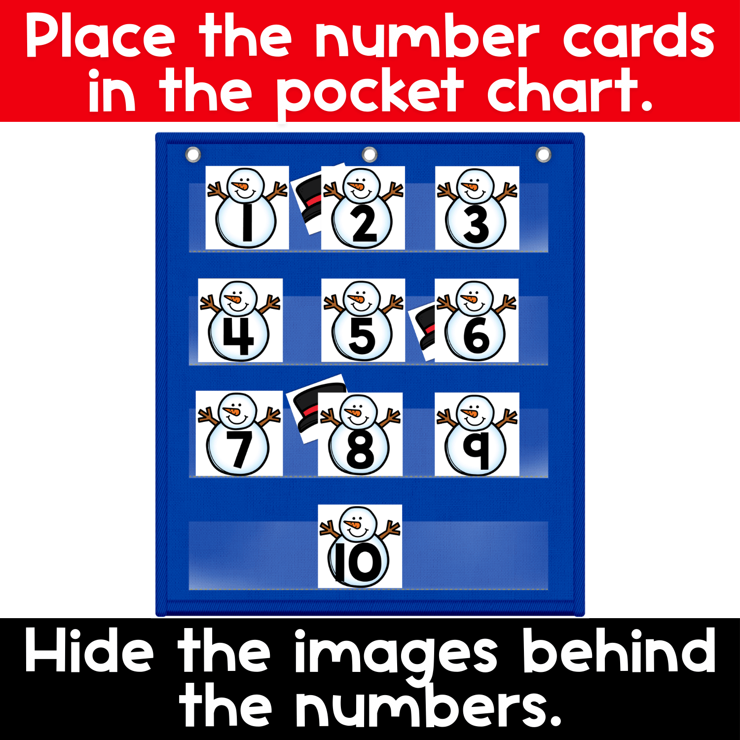 Pocket chart setup for Numbers Hide & Seek snowman activity showing number cards 1–10 placed in rows, with snowman illustrations and hidden image cards tucked behind the numbers for interactive counting and number recognition.