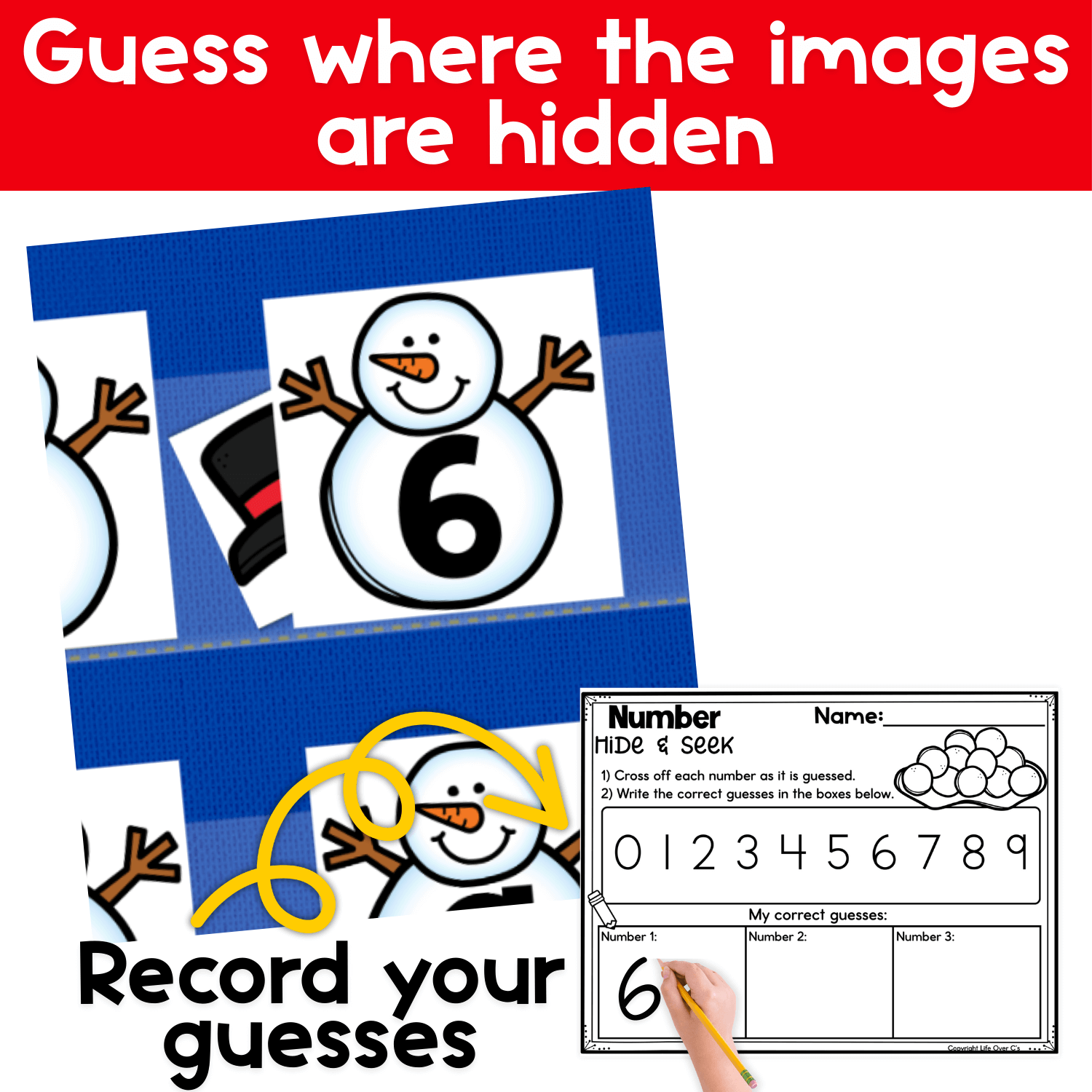 Close-up of the Numbers Hide & Seek snowman game in action, showing a hidden snowman image partially revealed behind a number card as students guess where images are hidden during this hands-on math pocket chart game.