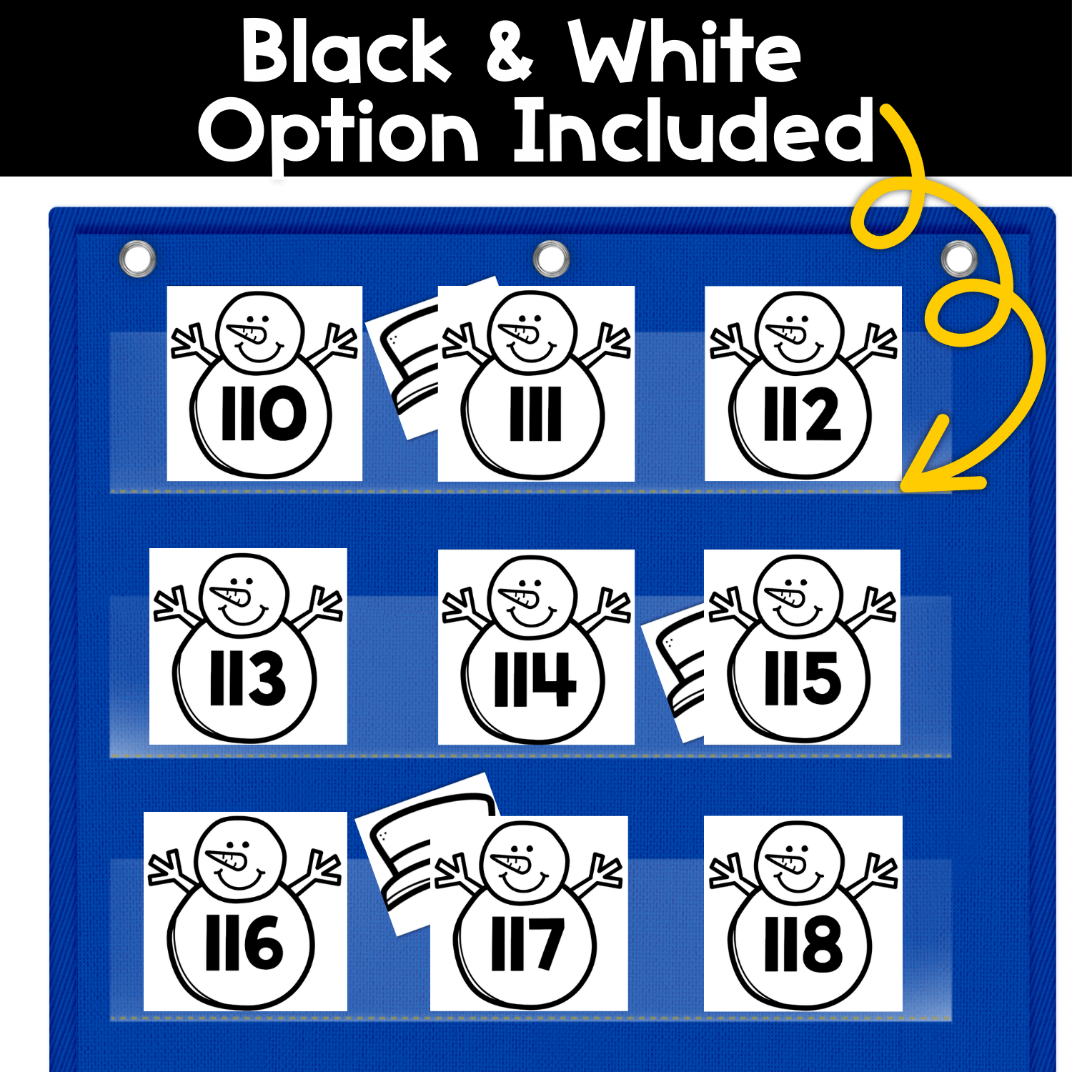 Black and white version of the Numbers Hide & Seek snowman pocket chart activity featuring number cards in the 110–118 range, ideal for low-ink printing and advanced number recognition practice up to 120.