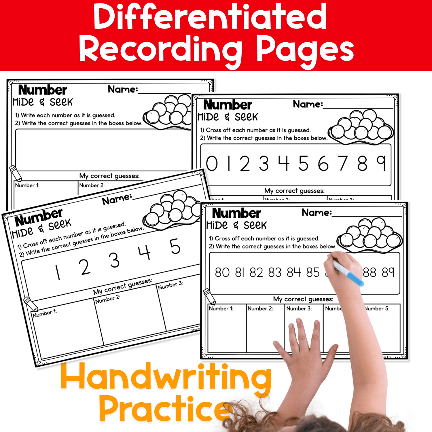 Differentiated recording pages for the Numbers Hide & Seek snowman math game, showing multiple worksheet options for handwriting practice, number writing, and recording correct guesses for numbers 0–120.