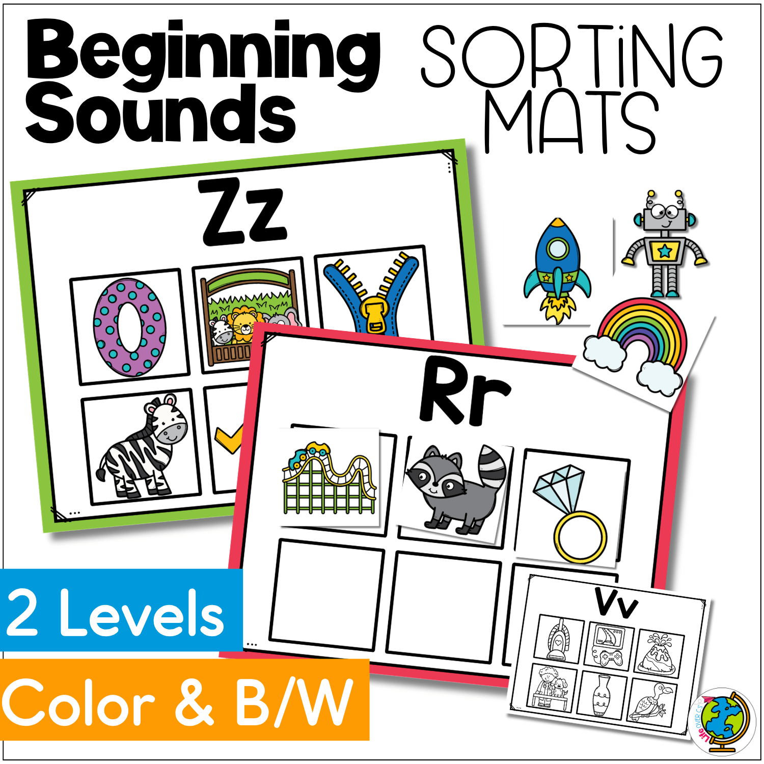 Beginning Sounds Sorting Mats printable activity with two levels, color and black-and-white options, picture-supported letter mats, blank sorting mats, and picture cards for preschool and kindergarten phonemic awareness practice.