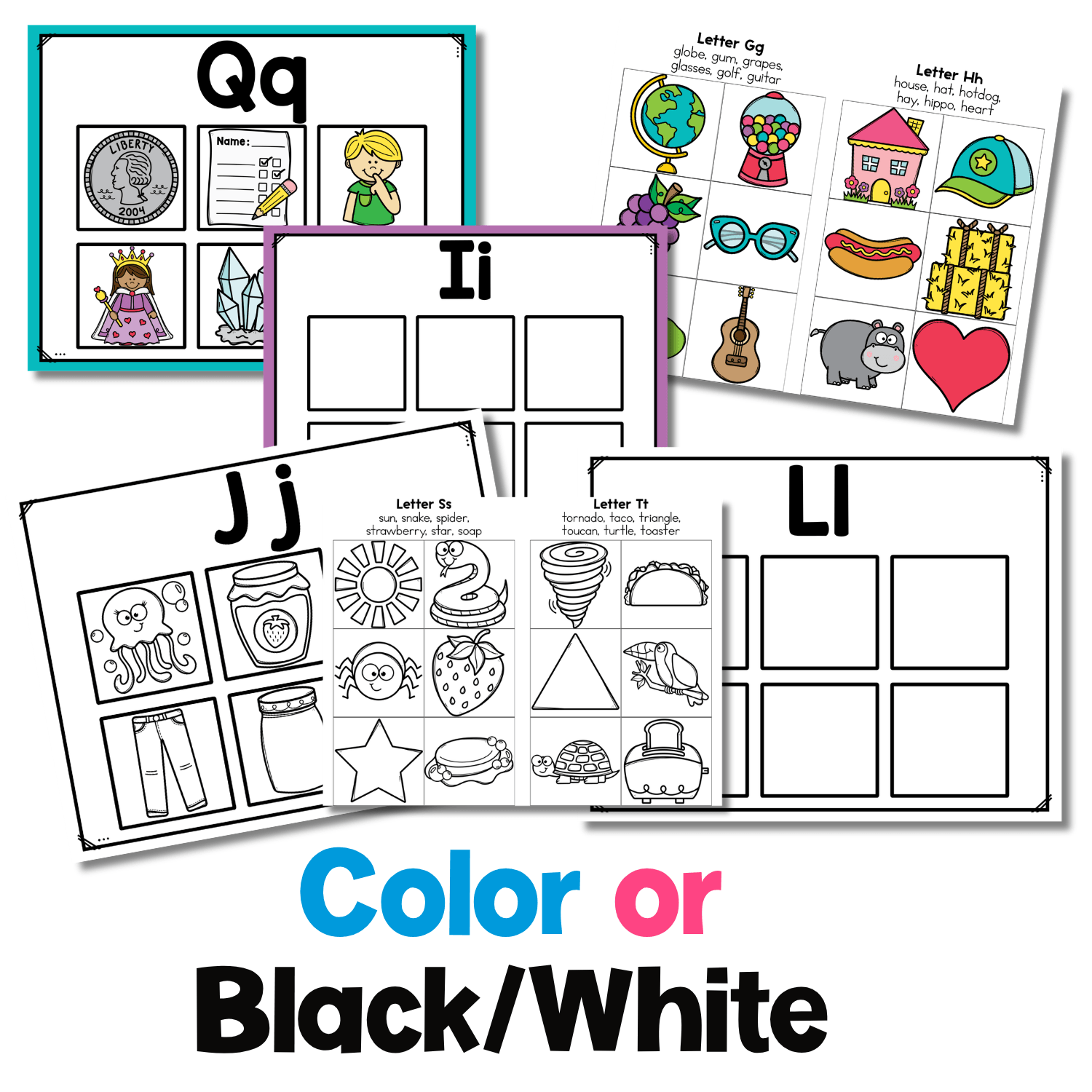 Color and black-and-white beginning sounds sorting mats showing picture-supported and blank mat options with picture cards for hands-on initial sound matching and sorting.
