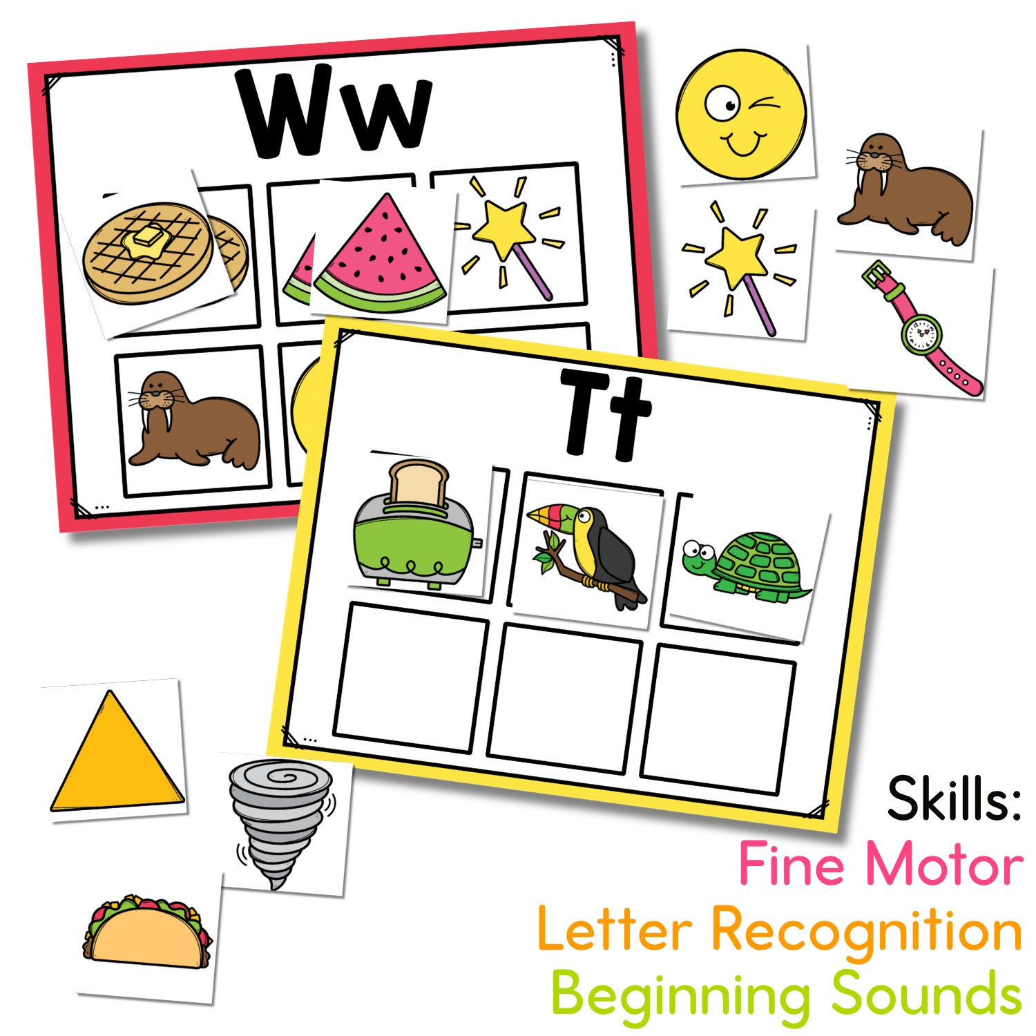 Beginning sounds sorting mats activity with W and T letter mats and picture cards for practicing initial sounds, letter recognition, vocabulary, and fine motor skills.