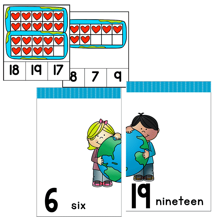 Earth Day ten frame clip cards for numbers 1-20 with preschool counting practice, number recognition, and multiple choice math center cards for kindergarten