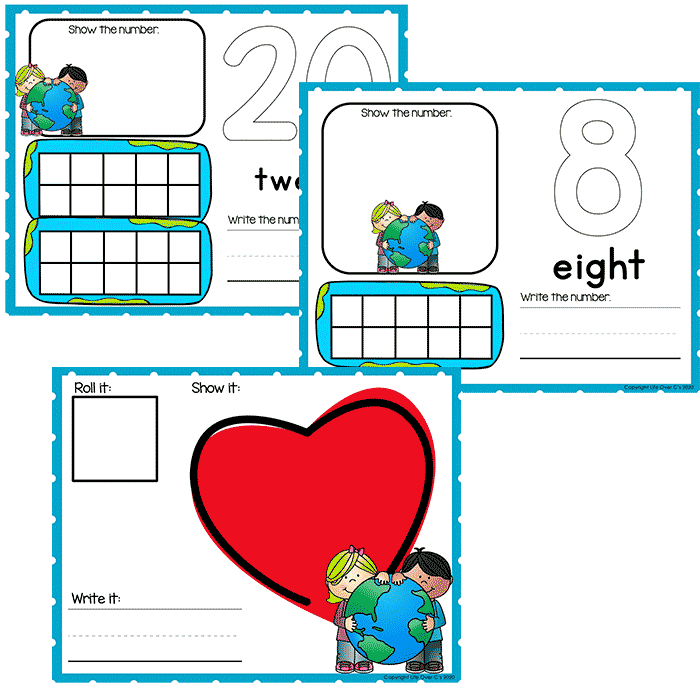 Earth Day number recognition mats and counting to 20 activities with ten frames, numeral tracing, number word practice, and hands-on preschool math centers