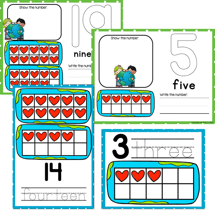 Earth Day counting activities for numbers 1-20 with ten frame mats, tracing cards, number words, and hands-on kindergarten math center printables