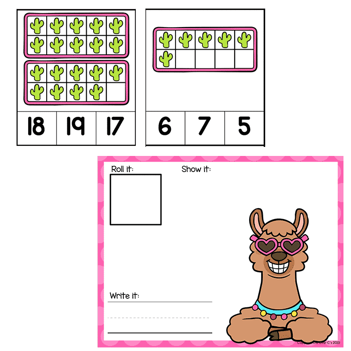 Llama numbers 1-20 counting activity cards for preschool math with ten frame number matching, counting cards, number choice cards, and a roll it show it write it mat for number recognition and counting skills.