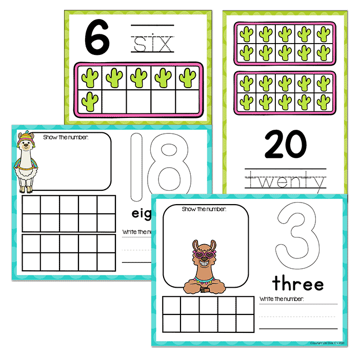 Llama theme numbers 1-20 math center printables for preschoolers and kindergarteners with number tracing cards, ten frame counting mats, show the number activities, and number writing practice.