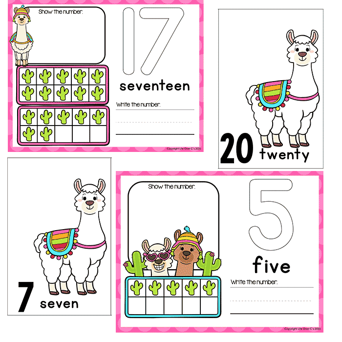 Preschool counting activities with a llama theme showing numbers 1-20 cards, ten frame counting practice, numeral recognition, number word reading, and low-prep kindergarten math center printables.