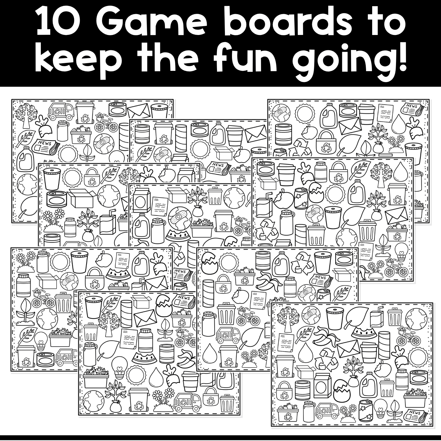Set of 10 printable Earth Day I Spy coloring game boards for preschool and kindergarten, designed for visual scanning, vocabulary building, fine motor skills, and reusable small group game play