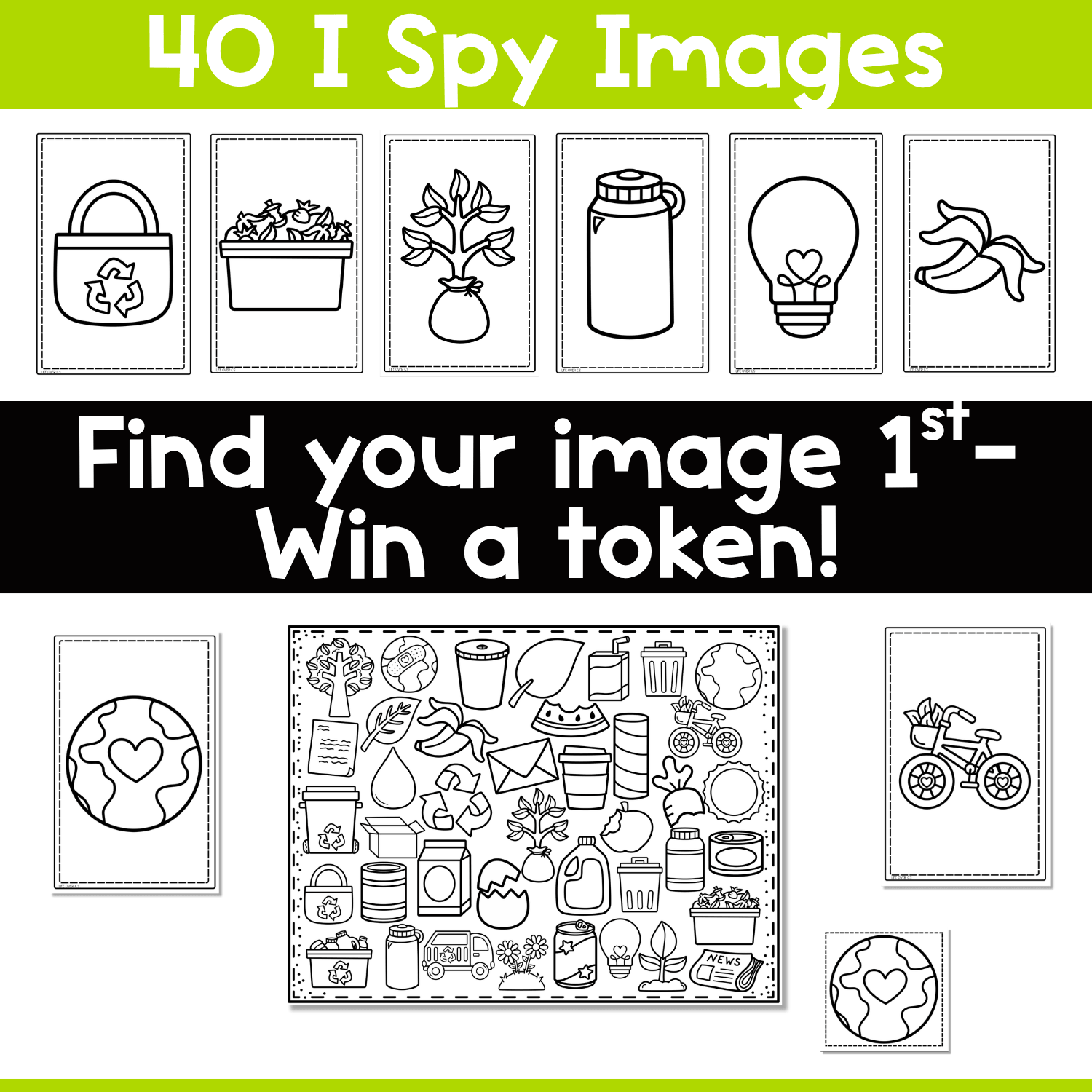 Earth Day I Spy coloring board game directions image showing printable picture cards, game board, and token-play format for visual perception, visual discrimination, and Earth Day vocabulary practice