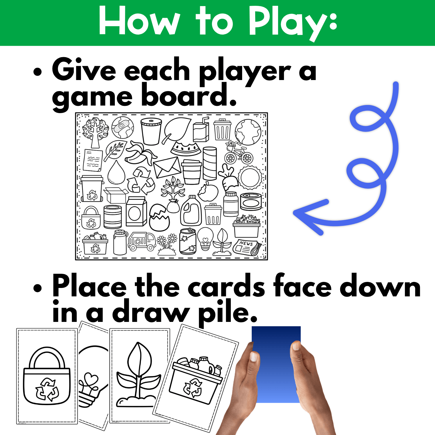 How to play Earth Day I Spy coloring game printable with step-by-step directions, game board, and draw pile cards for preschool and kindergarten visual scanning, fine motor, and classroom game use