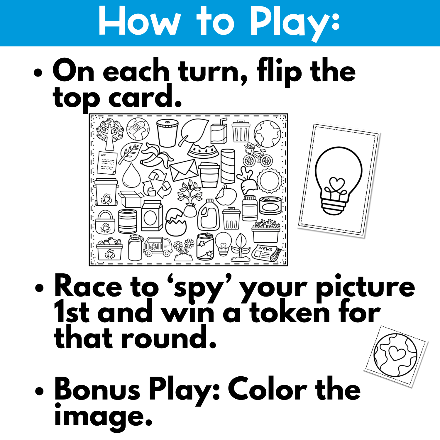 Earth Day I Spy coloring game instructions showing how to flip the top card, find the matching picture on the printable game board, win a token, and color the image for extra fine motor, visual scanning, and visual discrimination practice