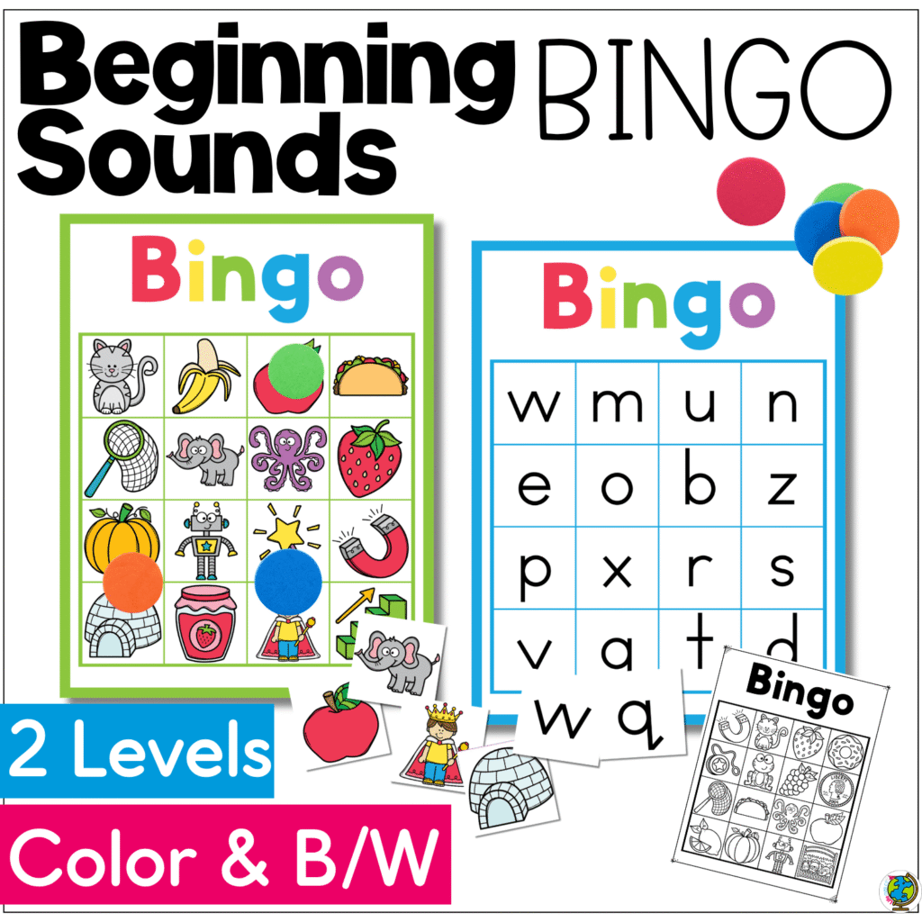 Beginning Sounds BINGO printable cover showing two bingo game formats with letter cards and picture boards for preschool and kindergarten beginning sound recognition, phonics practice, and small group literacy games