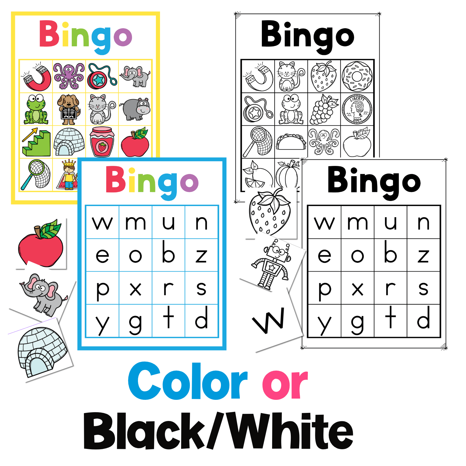 Beginning Sounds BINGO activity preview showing color and black-and-white bingo boards with picture cards and letter grids for easy-prep preschool phonics centers and beginning sounds practice