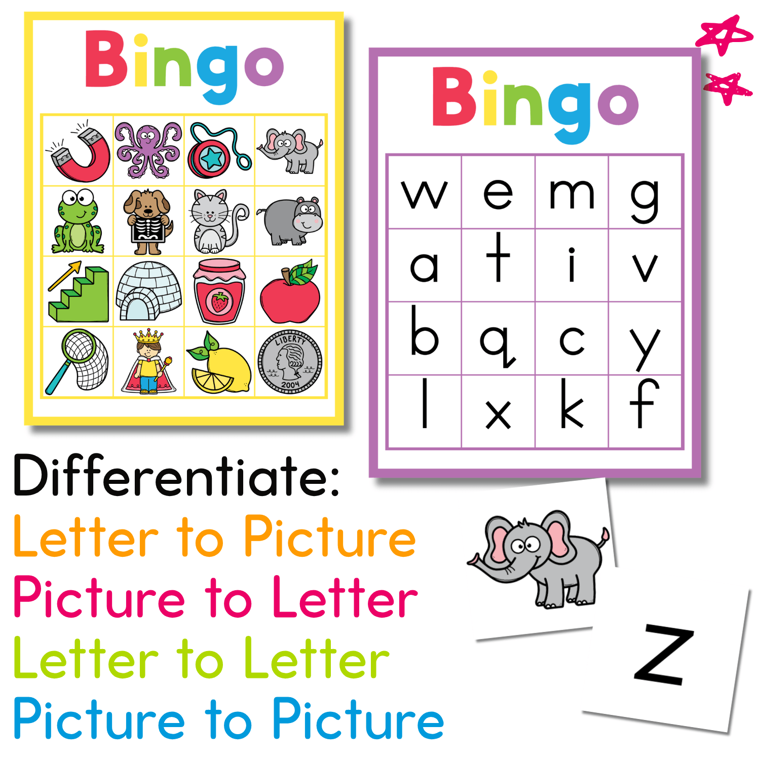 Beginning Sounds BINGO differentiation image showing multiple ways to play including letter to picture, picture to letter, letter to letter, and picture to picture for hands-on phonics and alphabet learning