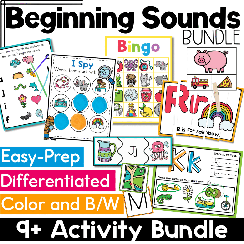 Beginning Sounds bundle cover featuring multiple printable phonics activities including bingo, I Spy, puzzles, worksheets, and beginning sounds cards for preschool and kindergarten literacy centers