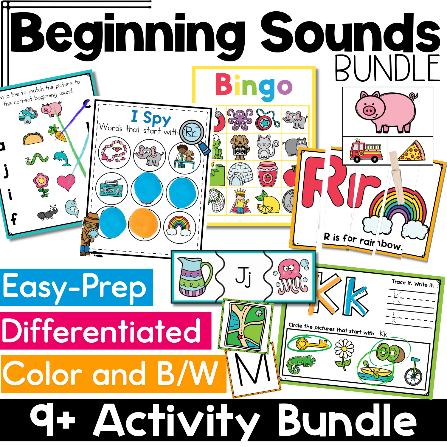 Beginning Sounds bundle cover featuring multiple printable phonics activities including bingo, I Spy, puzzles, worksheets, and beginning sounds cards for preschool and kindergarten literacy centers