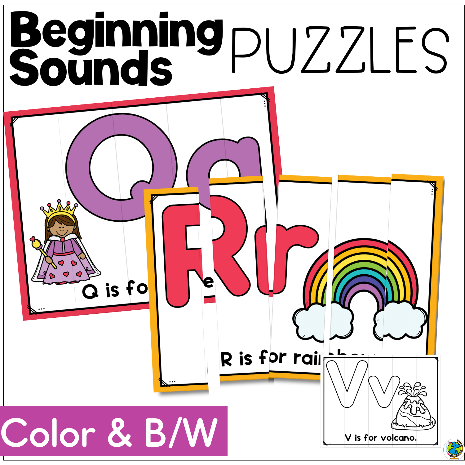 Beginning Sounds Line Up Puzzles product cover featuring alphabet strip puzzles with colorful letter cards, beginning sound pictures, and black and white printable puzzle options for preschool and kindergarten literacy centers.