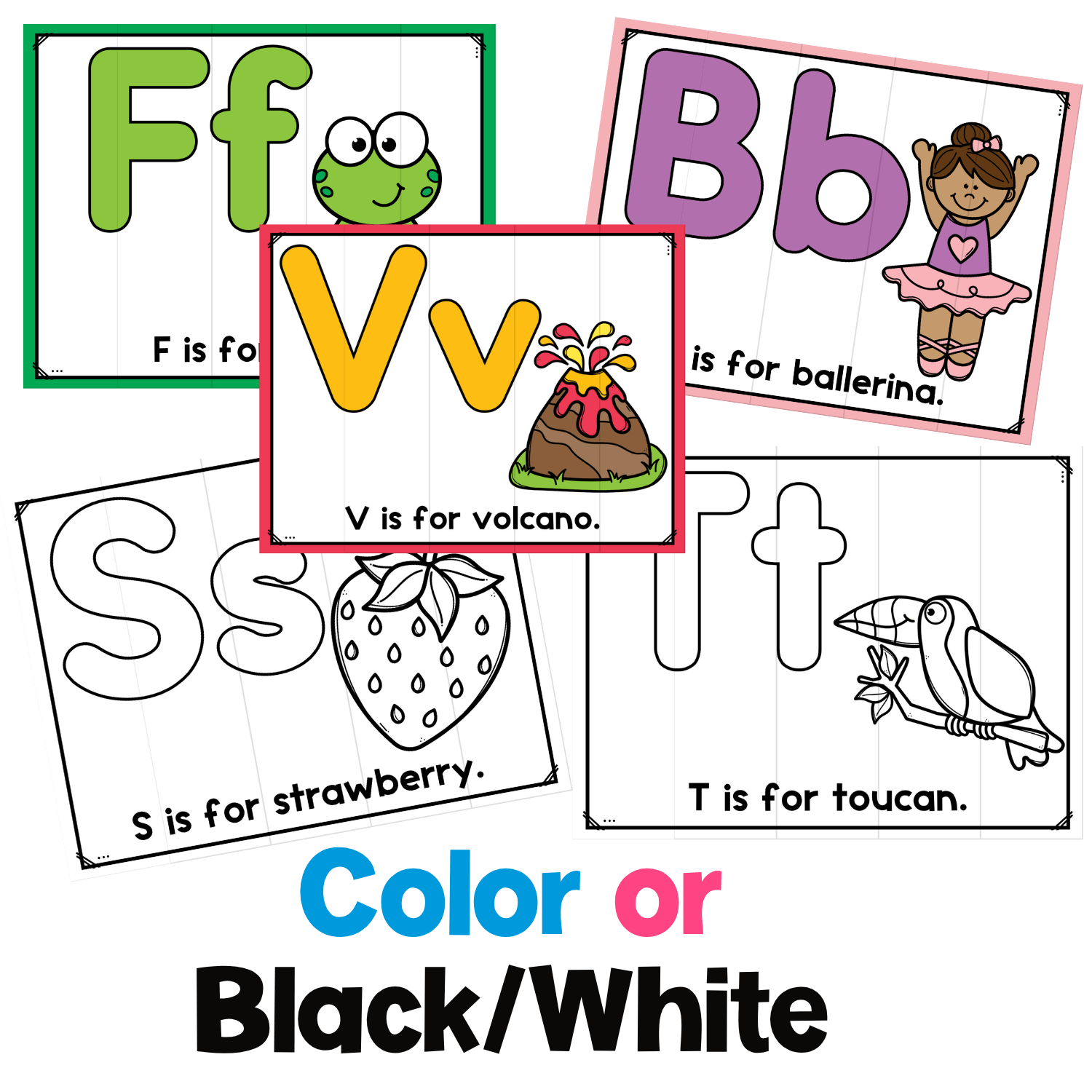 Color and black and white beginning sounds line up puzzles showing alphabet cards for F, B, V, S, and T with uppercase and lowercase letters, beginning sound pictures, and printable strip puzzle pieces.