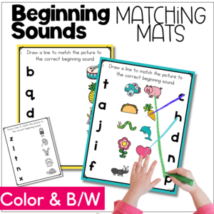 Beginning Sounds Matching Mats1.png: Beginning Sounds Matching Mats printable activity cover showing colorful alphabet matching mats, black-and-white beginning sounds pages, and letter to picture matching practice for preschool and kindergarten.