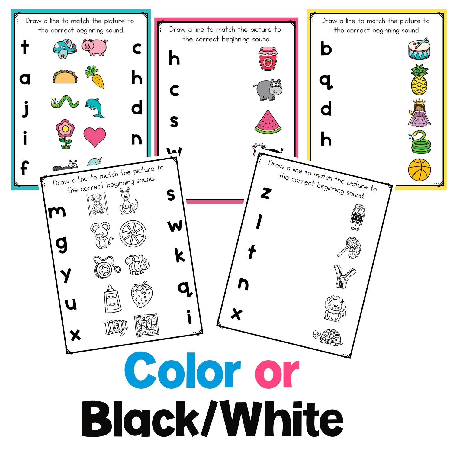 Color and black-and-white beginning sounds matching mats preview showing alphabet letters, picture words, and printable phonics pages for preschool literacy centers.