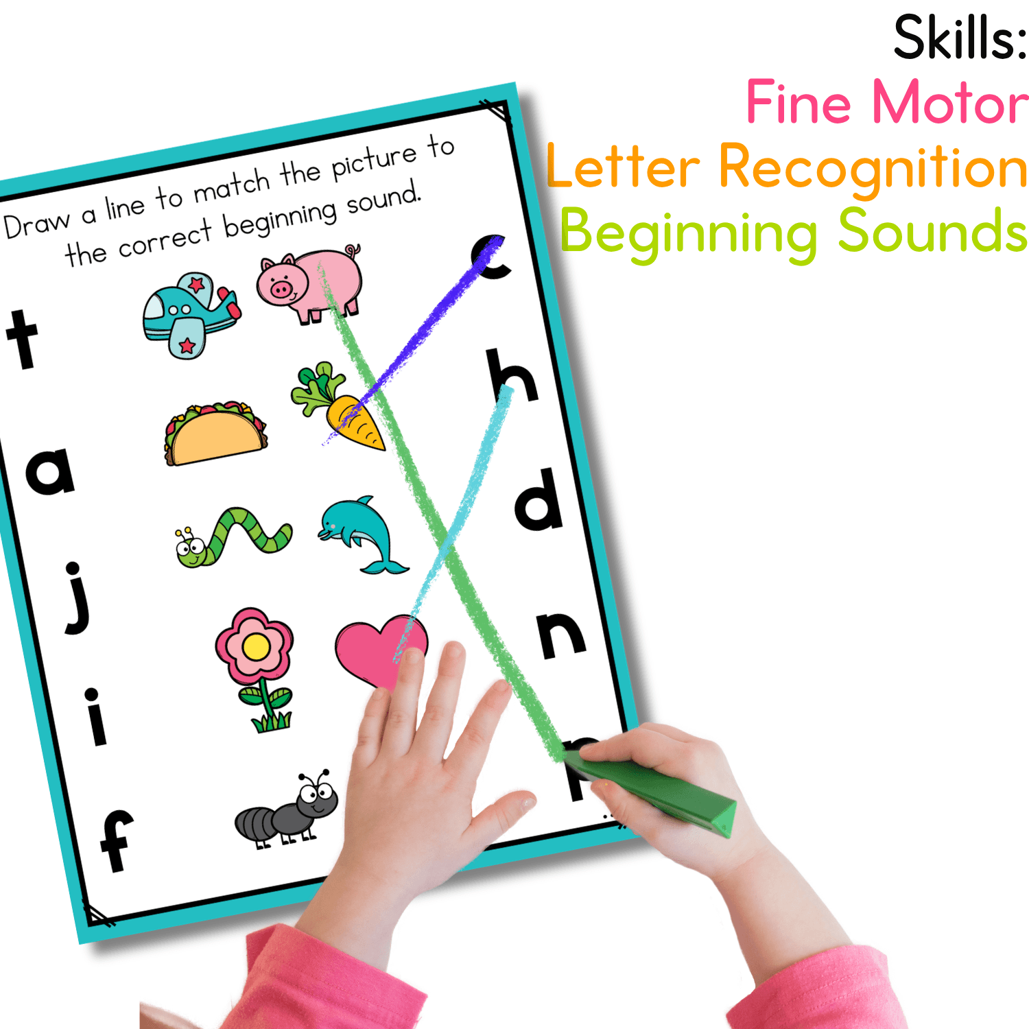 Child using a green marker to draw lines on a beginning sounds matching mat while practicing letter recognition, fine motor skills, and picture to letter sound matching.