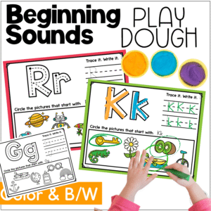 Alphabet beginning sounds play dough mats for letter formation, handwriting skills, and fine motor practice with color and black and white versions, featuring uppercase and lowercase letter mats, play dough, and beginning sound picture practice.