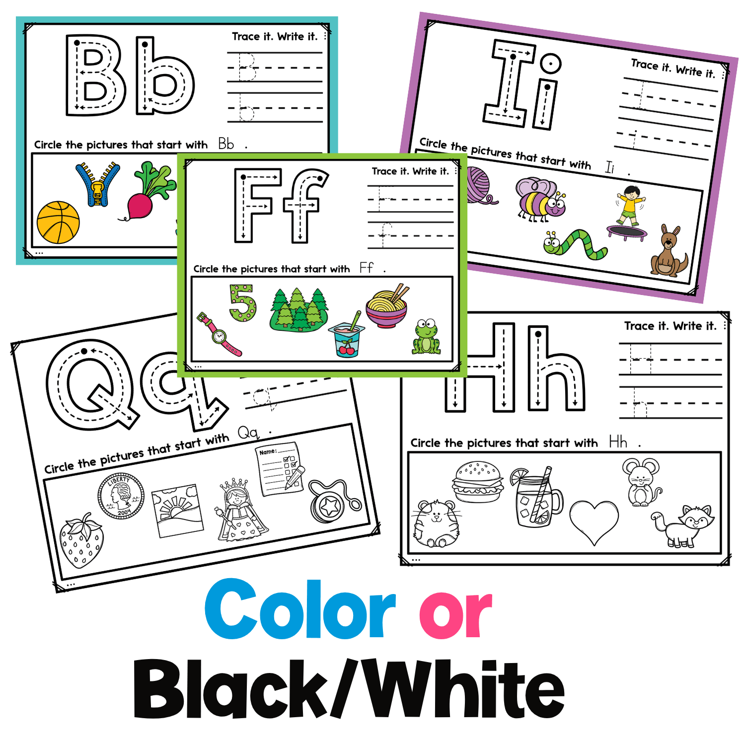 Color and black and white alphabet beginning sounds play dough mats showing uppercase and lowercase letter practice, handwriting lines, picture naming, and beginning sound identification for preschool and kindergarten literacy centers.