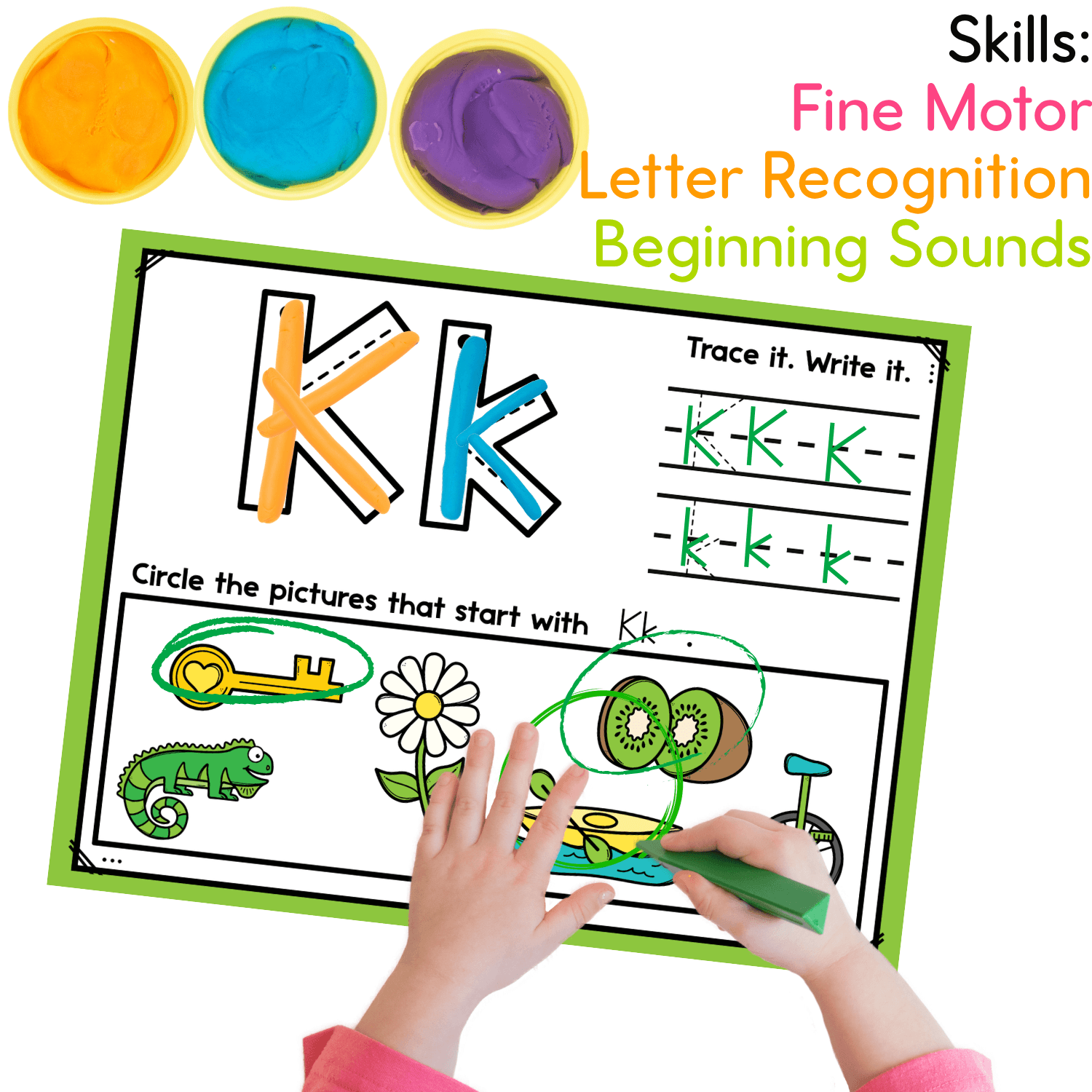 Hands-on beginning sounds play dough mat for letter K with play dough letter formation, handwriting practice, and picture choices for beginning sound phonemic awareness and fine motor skills.