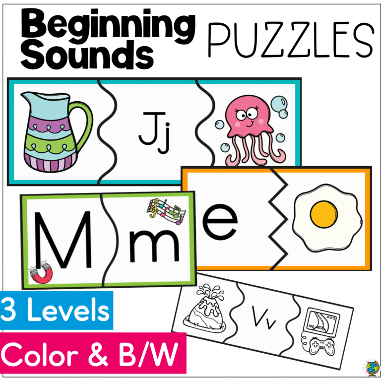 Beginning Sounds Puzzles preschool literacy activity with 3 levels of self-checking picture-letter match puzzles in color and black-and-white for beginning sound recognition.