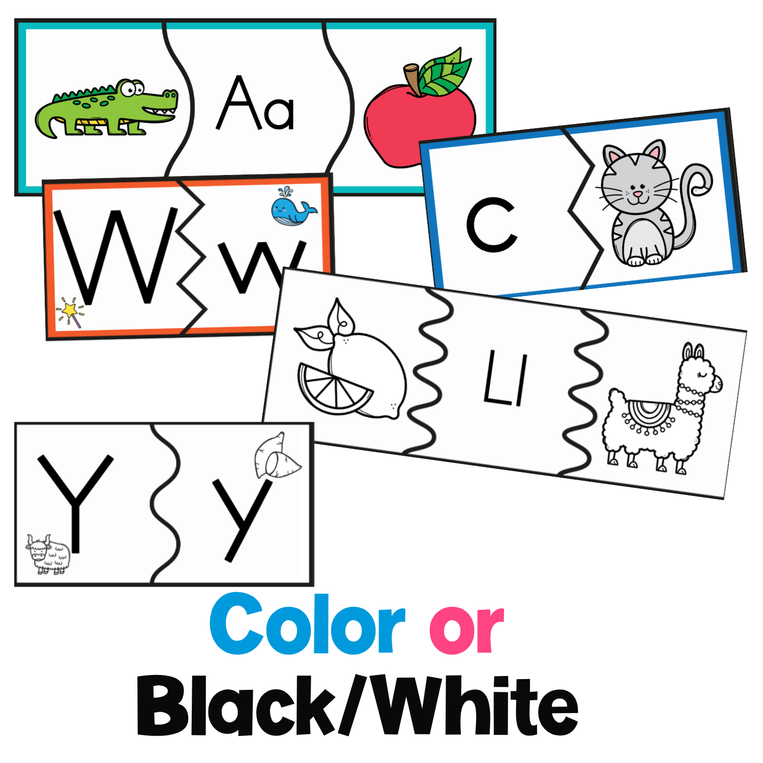 Beginning sound puzzles preview showing color and black-and-white alphabet puzzle pieces with letters and pictures for preschool and kindergarten literacy centers.