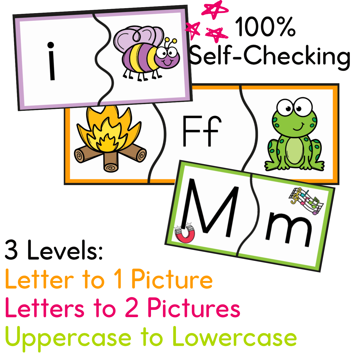 Self-checking beginning sound puzzles with letter-to-picture matching, uppercase and lowercase letters, and 3 differentiated puzzle levels for preschool phonics practice.