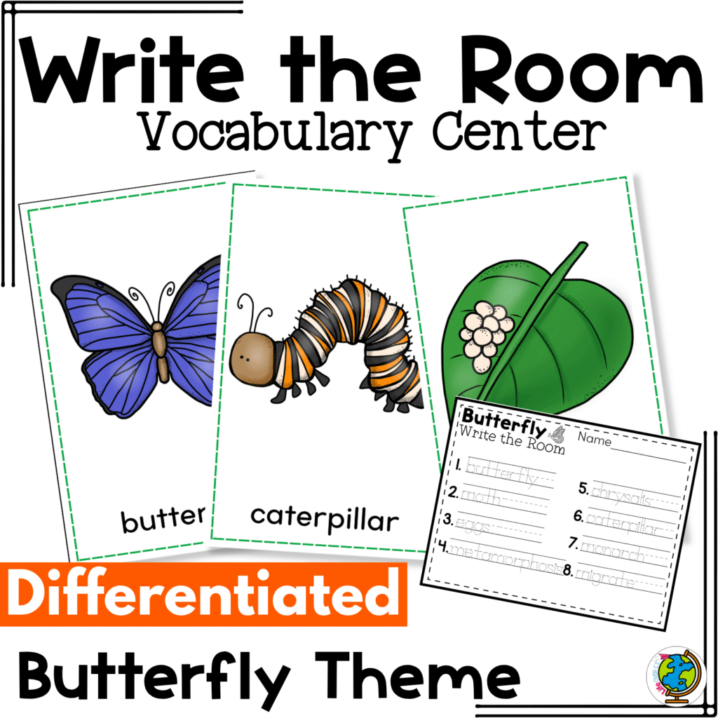 Butterfly Write the Room vocabulary center for preschool and kindergarten featuring butterfly life cycle word cards like butterfly, caterpillar, and eggs with a differentiated recording sheet for science vocabulary, writing practice, and hands-on literacy centers