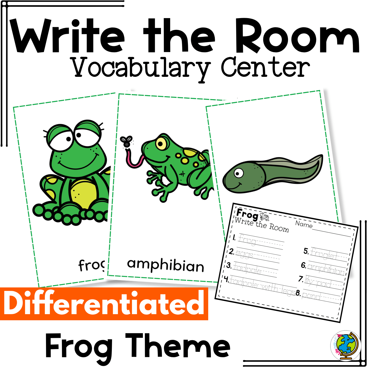 Frog Life Cycle Write the Room vocabulary center for kindergarten featuring frog vocabulary cards, differentiated recording worksheets, and picture-word cards for Science Center and Literacy Center practice.