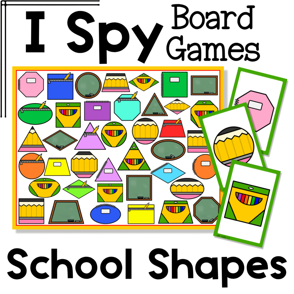 Back to school shapes I Spy board game cover with printable game board and matching cards featuring school supply shapes like notebooks, chalkboards, crayons, and pencils for preschool and kindergarten 2D shape recognition and visual discrimination