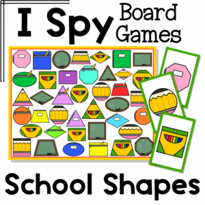 Back to school shapes I Spy board game cover with printable game board and matching cards featuring school supply shapes like notebooks, chalkboards, crayons, and pencils for preschool and kindergarten 2D shape recognition and visual discrimination