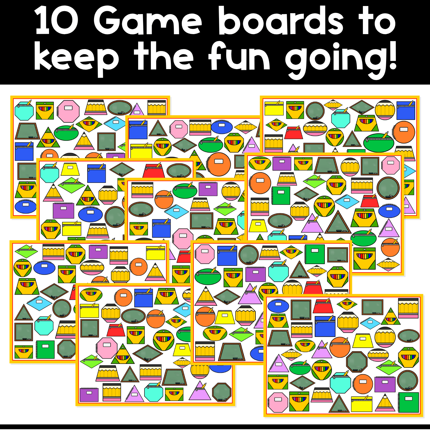 Set of 10 printable back to school shapes I Spy board game boards for preschool and kindergarten, designed for 2D shape recognition, visual scanning, shape vocabulary, and hands-on math center game play