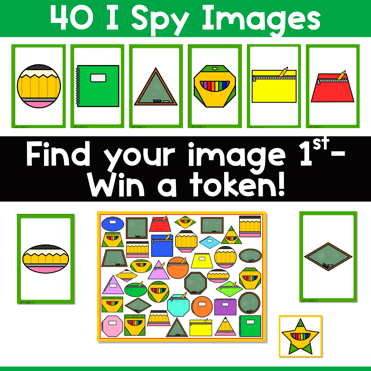 Back to school shapes I Spy board game directions image showing 40 picture cards, printable shape game board, and token play for visual discrimination, visual scanning, and 2D shape identification practice