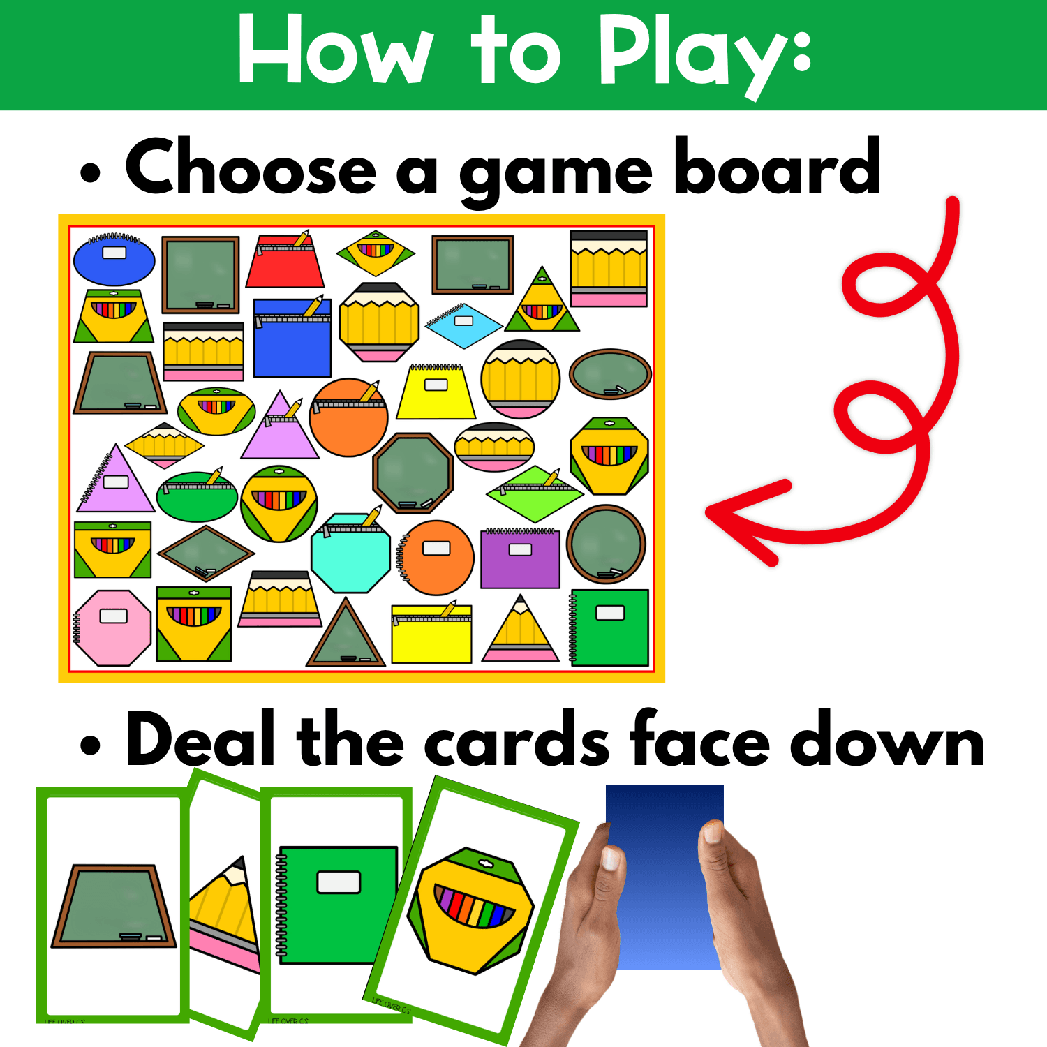 How to play back to school shapes I Spy board game printable with step-by-step directions, game board setup, and face-down draw pile cards for preschool shape recognition and visual scanning practice